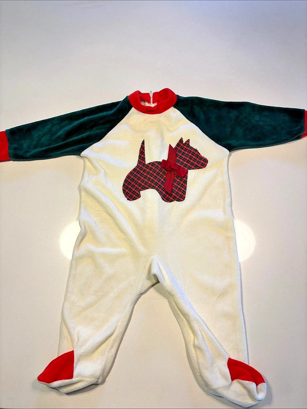 Vintage Sears Velour Holiday Sleeper with Tartan Scottie Dog Appliqué